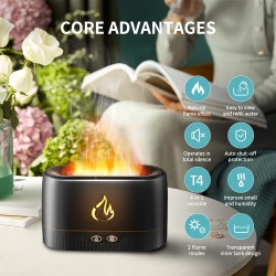 Waterless aroma diffuser with realistic flame effect, mist, and aromatherapy, perfect for relaxation and stress relief.