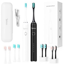 Rechargeable Electric Toothbrush with 2 Minutes Timer, 4 Pieces Replacement Brush Heads, White & Black Color
